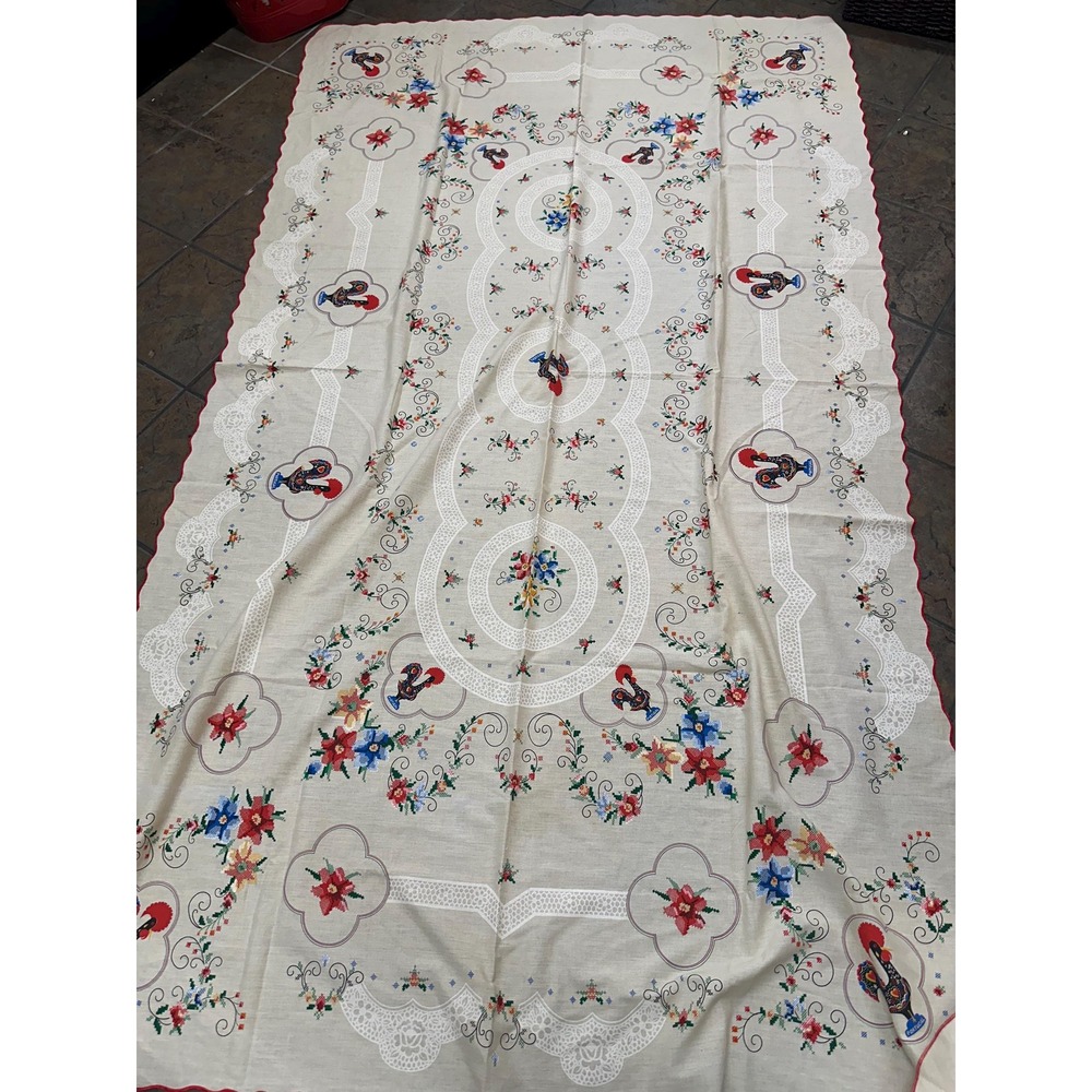 Vintage Portuguese Galo de Barcelos Rooster Tablecloth Portugal Folk Art  60x90